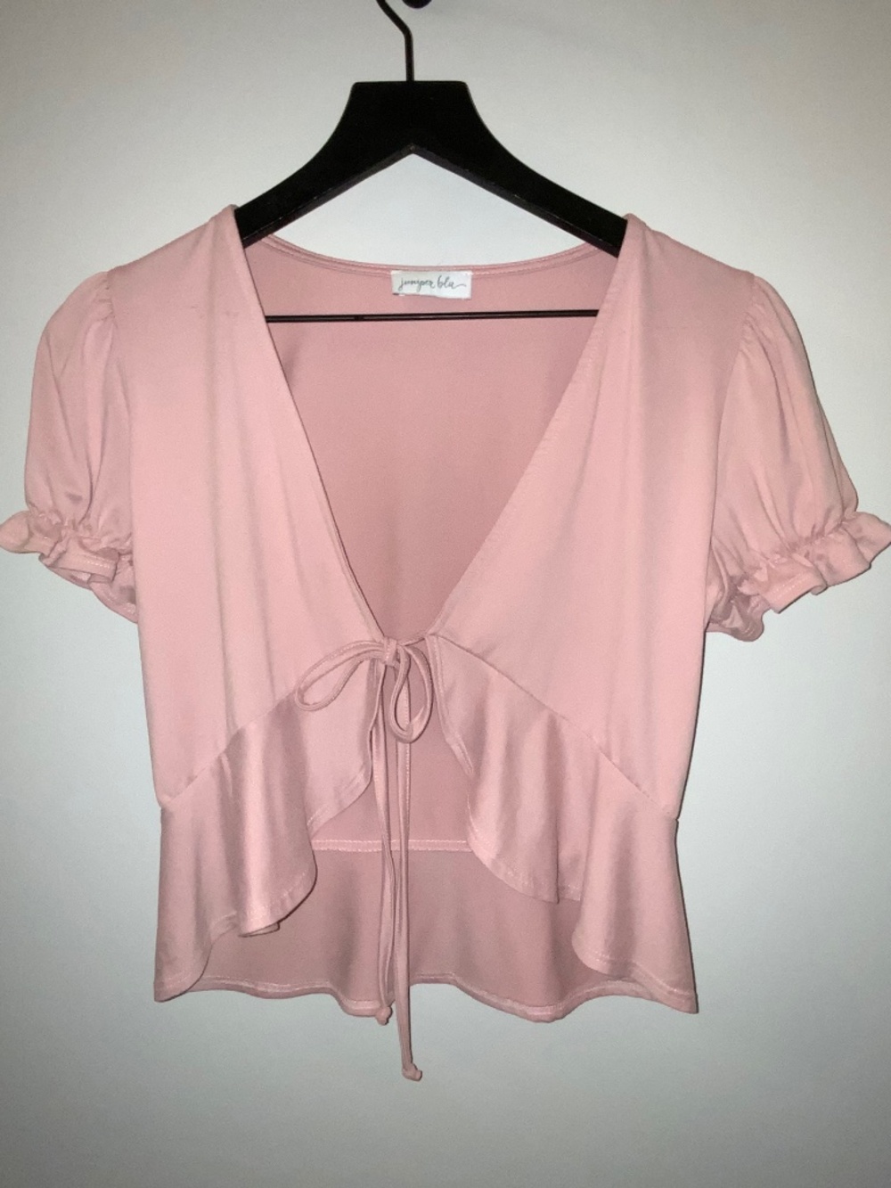 Juniper Blu Blush Pink Front Tie Crop Top Puff Sleeve Ruffle Hem Small